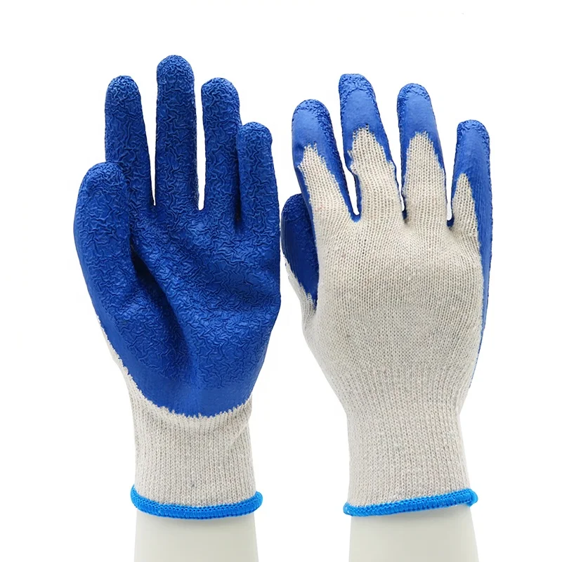 CE EN 388 oil chemical resistant crinkle finish anti slip custom logo 10 gauge natural blue latex gloves construction