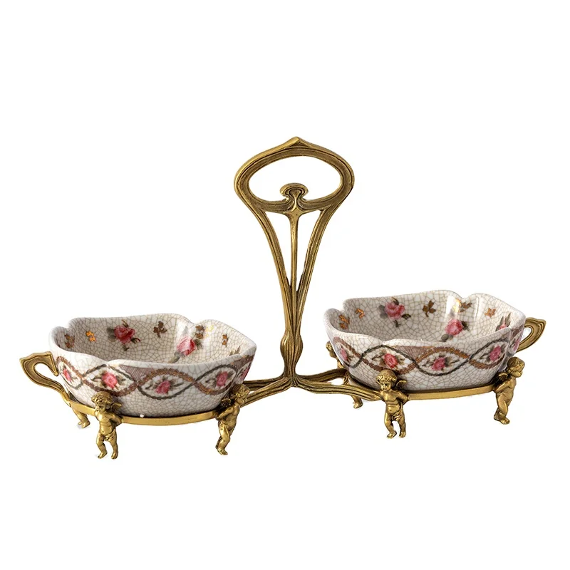 Table top home ornament Candy dish Snack plate American double ceramic lotus fruit plate with frog and lotus seed lotus leaf