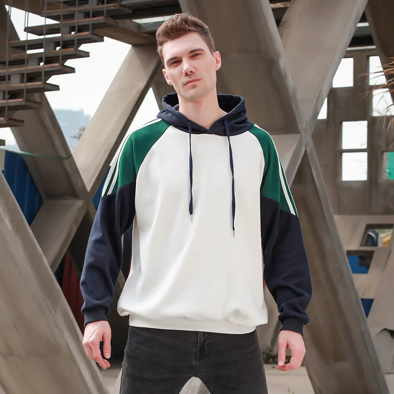 fleece sweatshirt 350g cotton non-tumbling Hong Kong style trend color-block sleeve puller sports fitness sweat