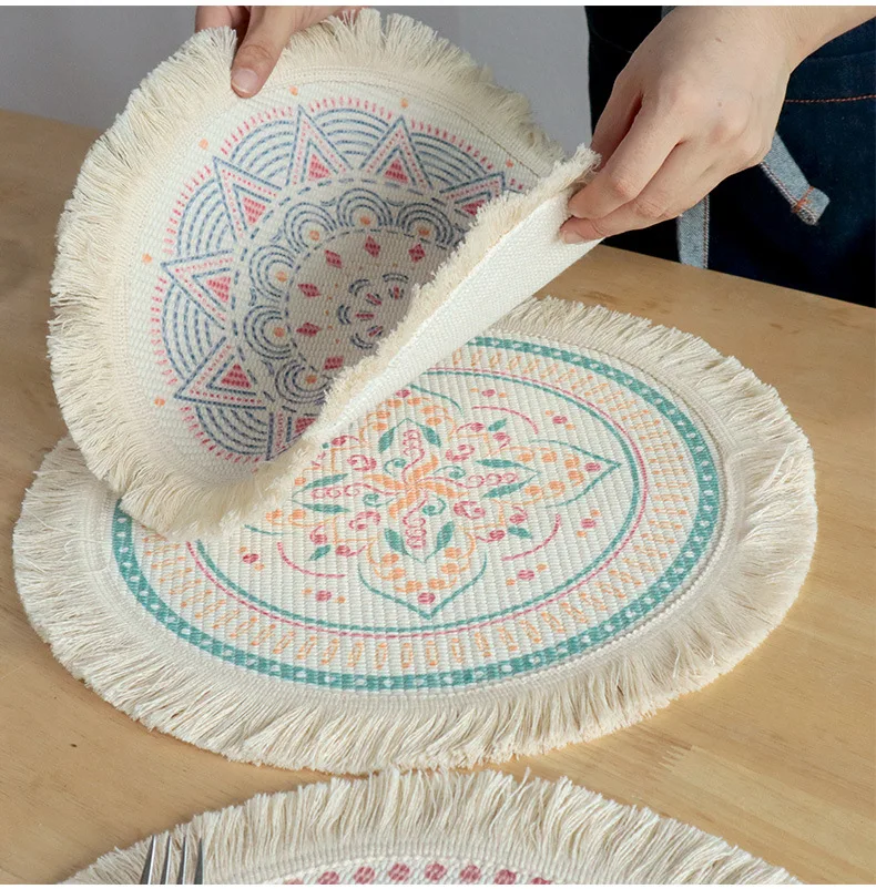 Kitchen Accessories Cloth Round Boho Macrame Woven Fringed Cotton Placemats with Tassel