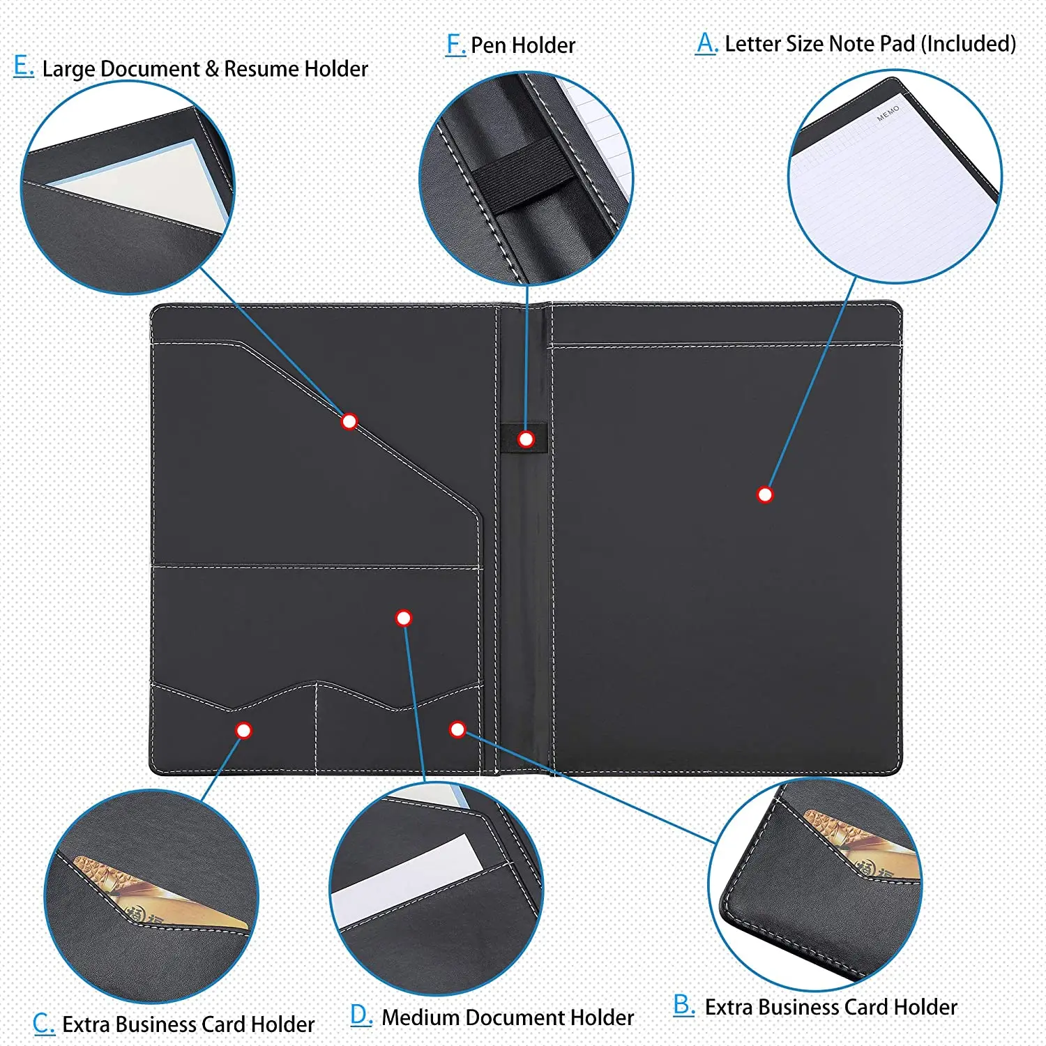 Padfolio Portfolio Leather Binder Interview Legal Document Organizer, Business Card Holder Included Letter Sized Writing Pad