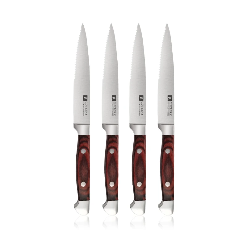 Trending products kitchen steak knives serrated stainless steel wooden handle steak knife set of 4 pieces