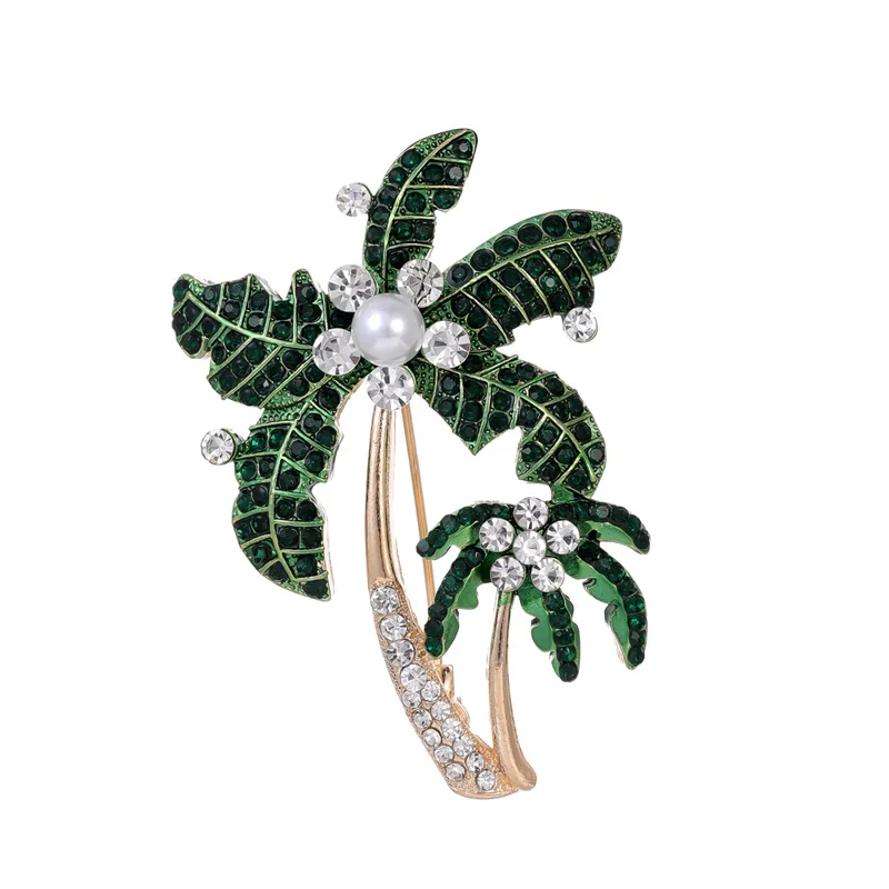 DRAL1211 Alloy Diamond Inlaid Green Coconut Tree Brooch Dripping Oil Pearl Brooch Popular Jewelry