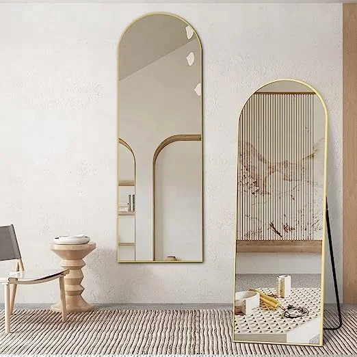 Manufacturer direct large full body dressing mirror wall mounted arched gold black aluminum frame floor mirror with stand