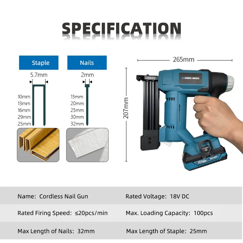18V Cordless Nail Gun 2 in 1 model NG-L0118-A Lithium Battery Power Tools Pack Portable Household Rechargeable