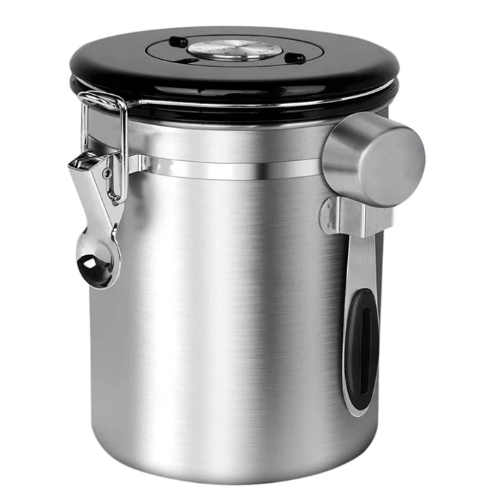 Stainless Steel Airtight Coffee Canister with Built-in CO2 Valve and Scoop and Date Tracking Wheel Gun Metal Color