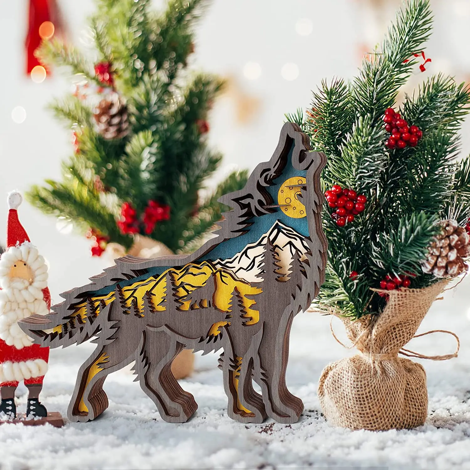 Forest Animal Wooden Home Sculptures Ornament,Multi-Layer 3D Wood Carving Art Shelf Table Wood Crafts Home Furnishing (Wolf