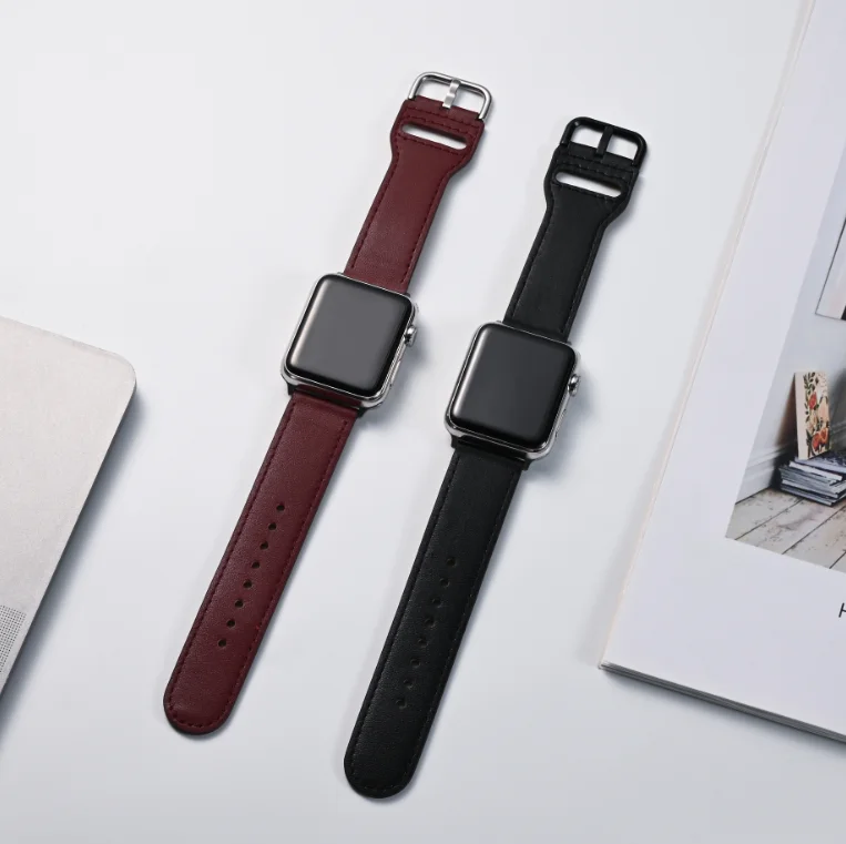Кожаный ремешок для часов Apple Watch с квадратной пряжкой однотонный кожаный