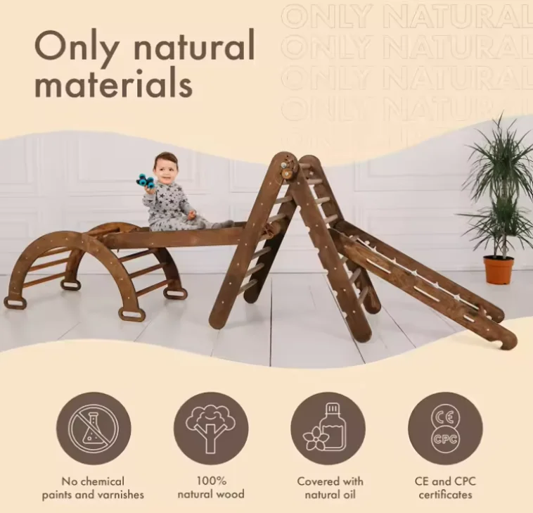 The popular 4-in-1 Montessori indoor climbing frame with wooden triangular arches and climbing paths for toddlers