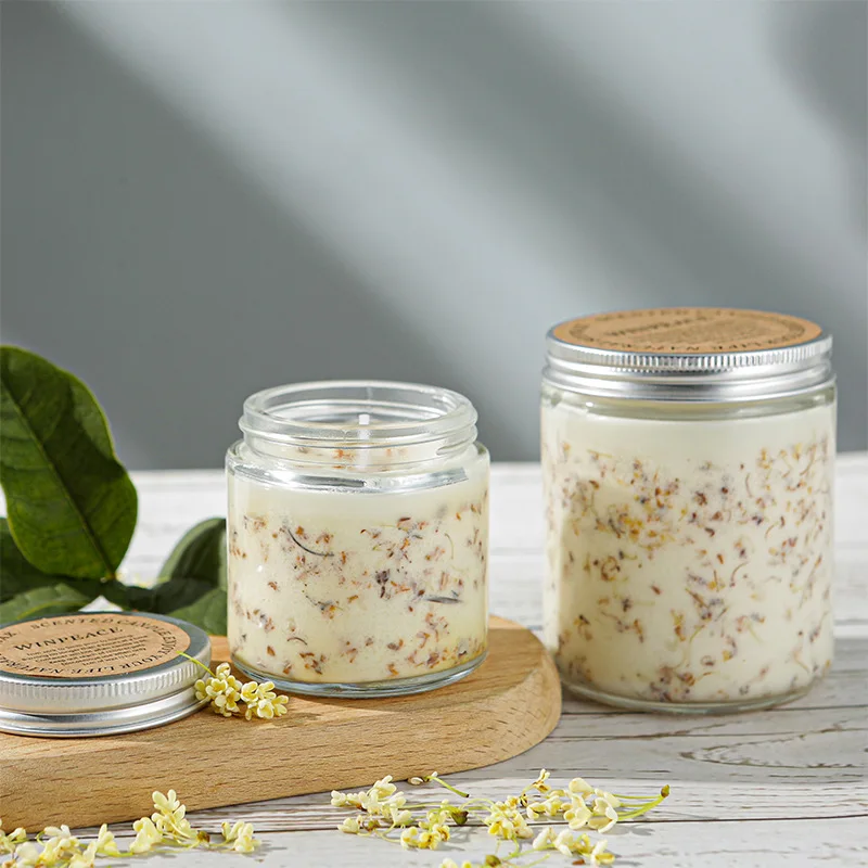 Decorative scented candle dried flower inside osmanthus fragrance bottle candle glass jar with metal closure