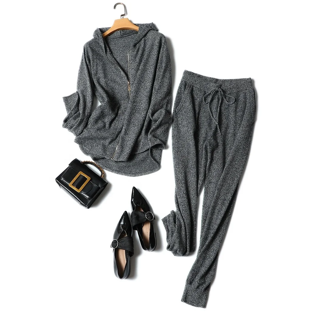 women hooded cardigan with zipper top and casual with belt pocket pants together sports high quality cashmere sets sweater