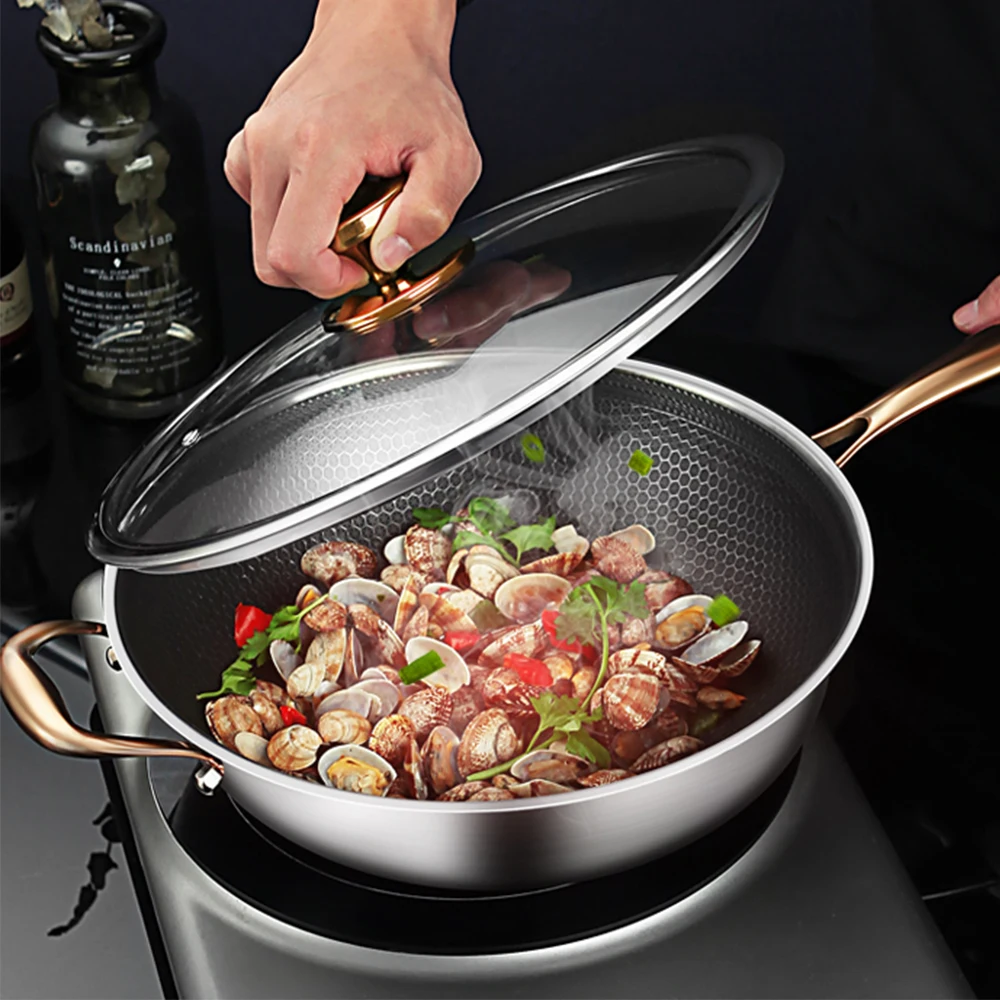 New design Double woks with steamer Multi-purpose stainless steel wok Gilded Lid and Handle Durable household kitchenware
