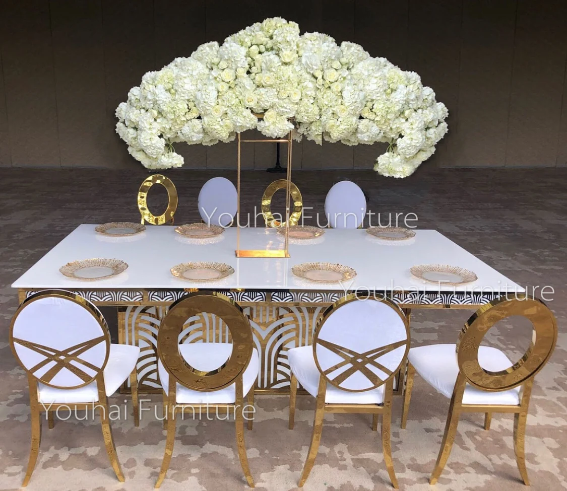 
Party rectangle gold stainless steel base led color changing light wedding table 