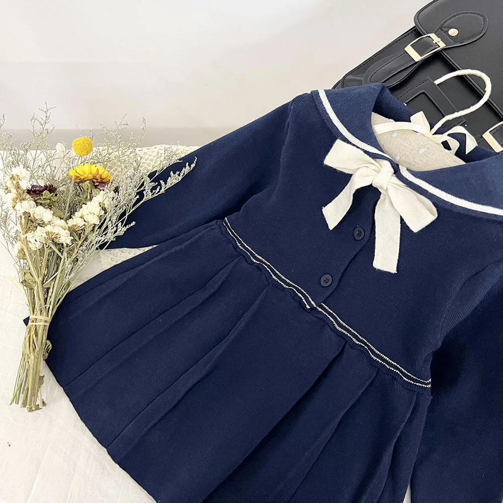 Autumn baby girl children knitted dress navy collar girl's academy style pleated dress