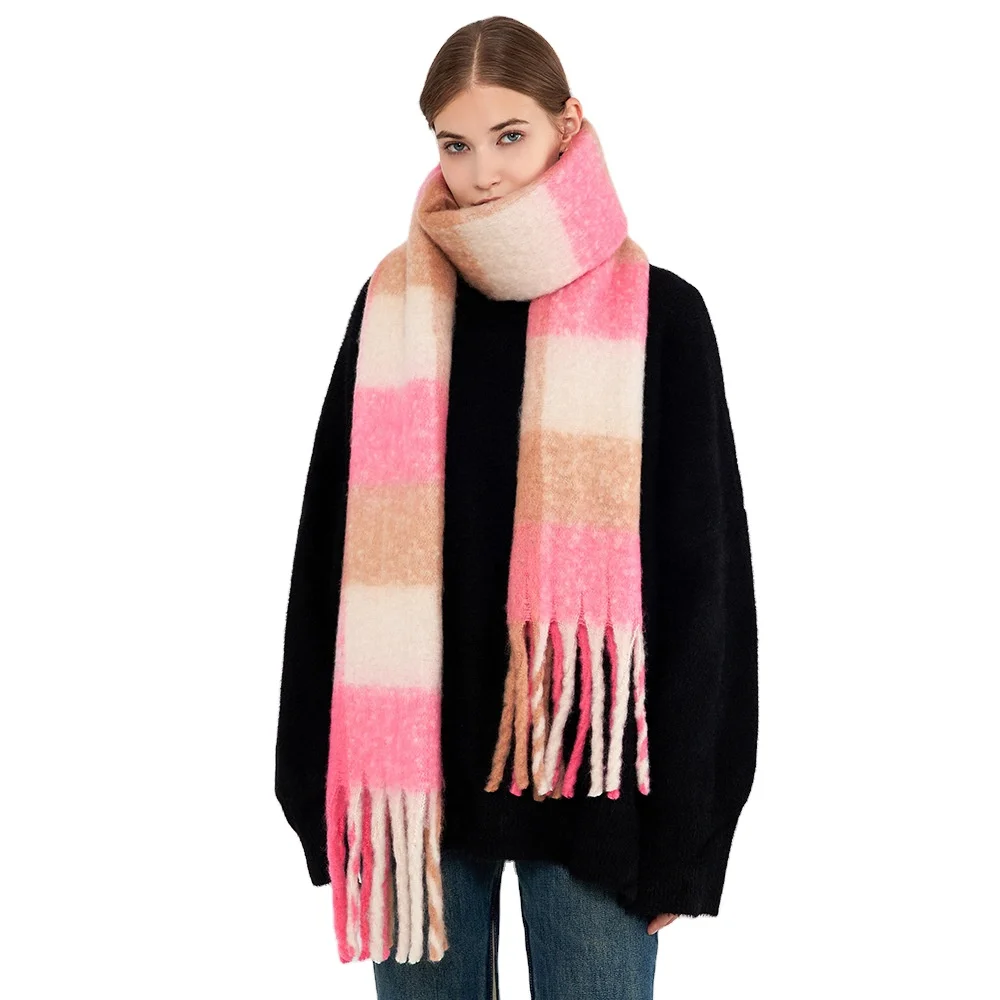 Female cashmere wool shawl AC new winter warm tassel rainbow checked scarf