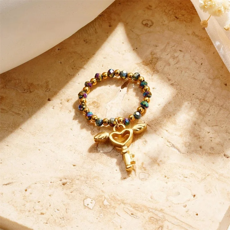 Hot Selling Trendy Stainless Steel Lock Dolphin Magic Wand Elastic Bead Ring Handmade Bead Ring For Women