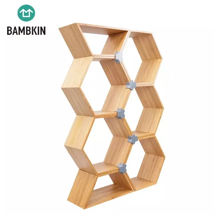 BAMBKIN Bamboo Hexagonal box showing stand decorative storage box  book rack bookcase showcase