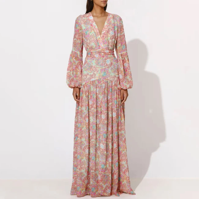 Customization Women Casual Chiffon V-neck High Split Floral Print Long Sleeve Maxi Dress