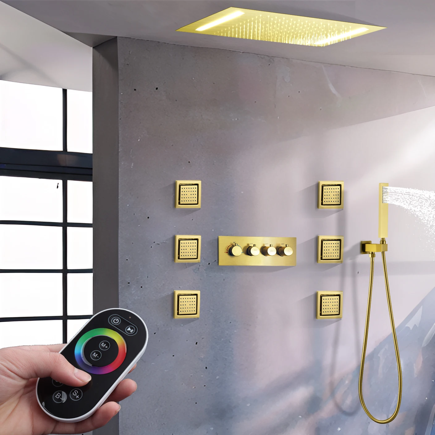 Ceiling luxurious Brushed Gold LED Shower Head 20*14 -inch Bathroom Thermostatic Shower set With Massage Body jets