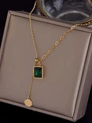 Fashion Jewelry for Women 18k Gold Plated Stainless Steel Chain Necklace Adjustable Rectangle Emerald Diamond Pendant Necklace