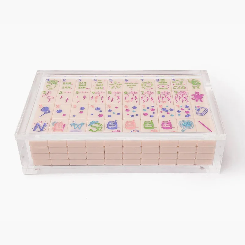 Customized Pink Acrylic Mahjong Tile Set with Custom Printing