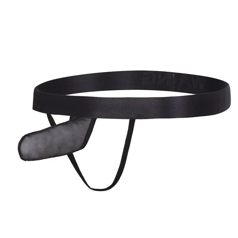 OEM WangJiang WJ Brand Men Thong Underwear Backless Folder Mesh Visible Thong Or Faux Leather Key Pouch