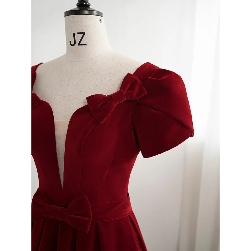 2022 Deep V Neck Wine Red Velvet Bride Wedding Toast Dress cocktail dresses evening wear Performance Wedding long Evening Dress