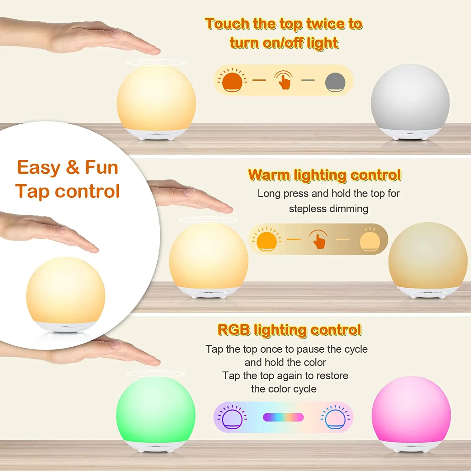 Dimmable Touch Sensor Lamp with Warm White Light & RGB Night Light Bedside Lamp for Bedroom