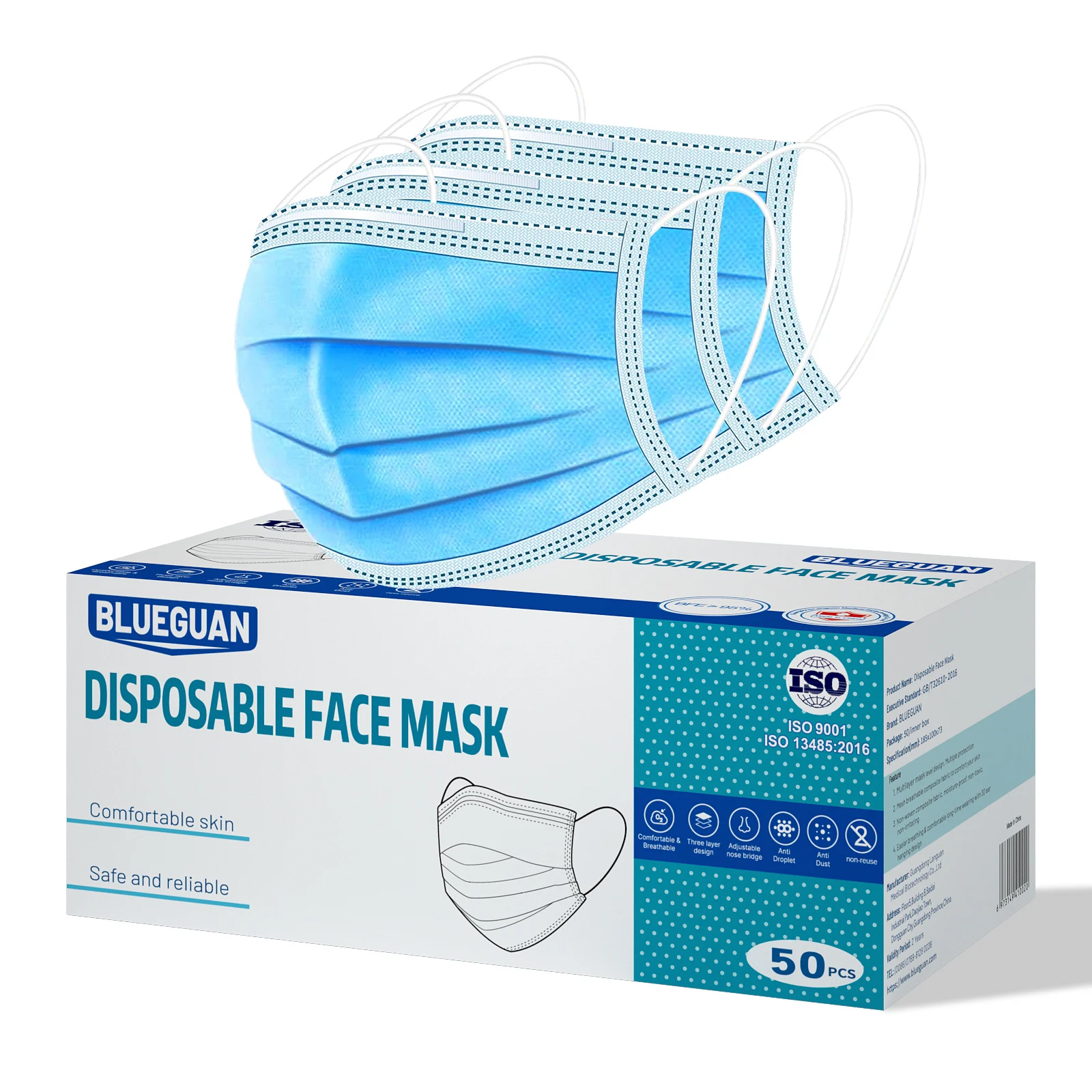 Wholesale High Quality Disposable Protective Face Mask Adult Mask 3 Ply Protective Blue Mask