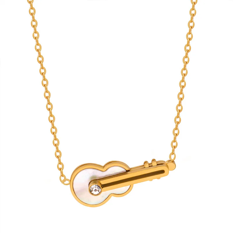 Simple Stainless Steel Gold Plated  White Shell Musical Instrument Guitar Violin Shape Cubic Zirconia Pendant Necklace for Women