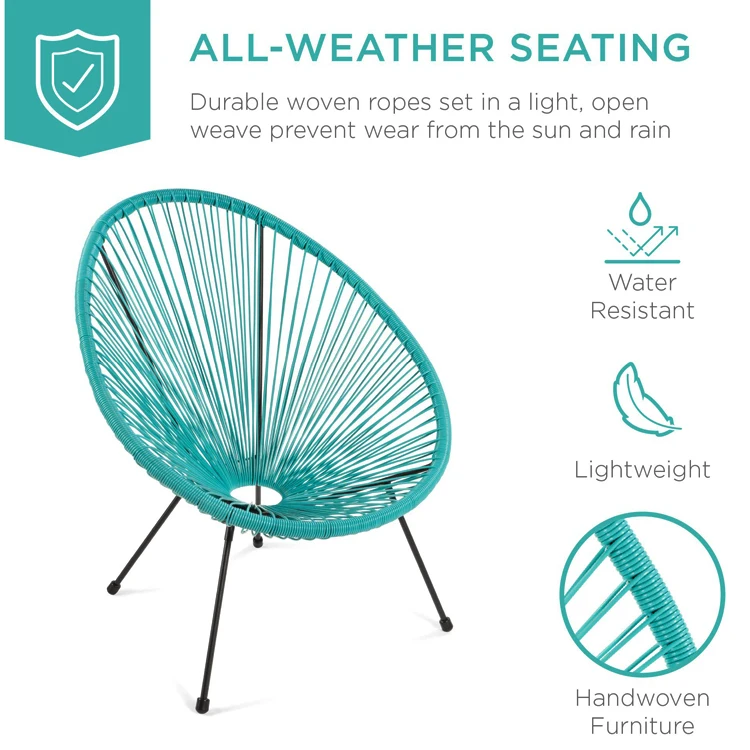 Outdoor Garden Patio Backyard 4 Piece Steel Frame Plastic Wicker Rope Acapulco Chair Set with Glass Top Table