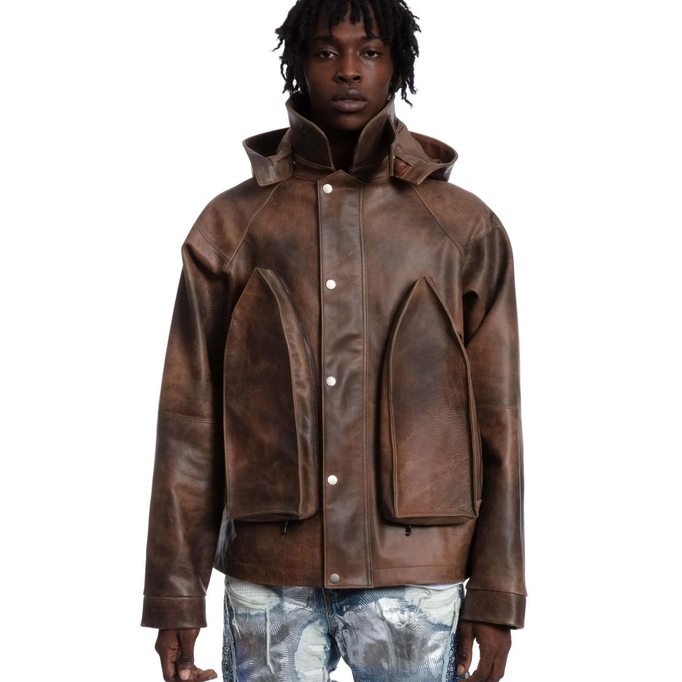 2024 Spring Autumn Thick Warm heavy  leather hoodie streetwear custom cotton Fleece lining Coat Men Oversized Outerwear Jacket