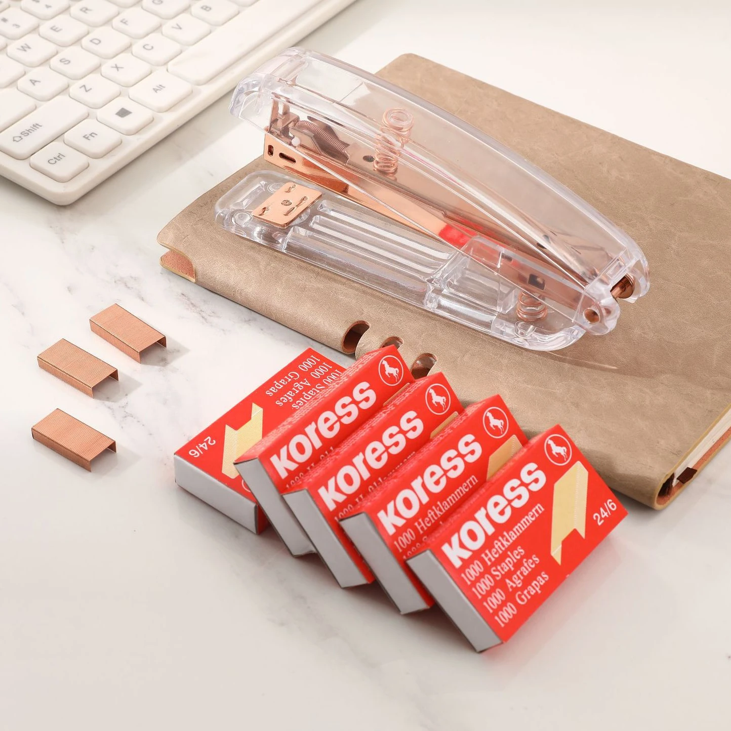 Hot Selling Nordic Rose Gold Stapler Student Fashion Transparent Stapler High-End Light Luxury Office Supplies Stapler