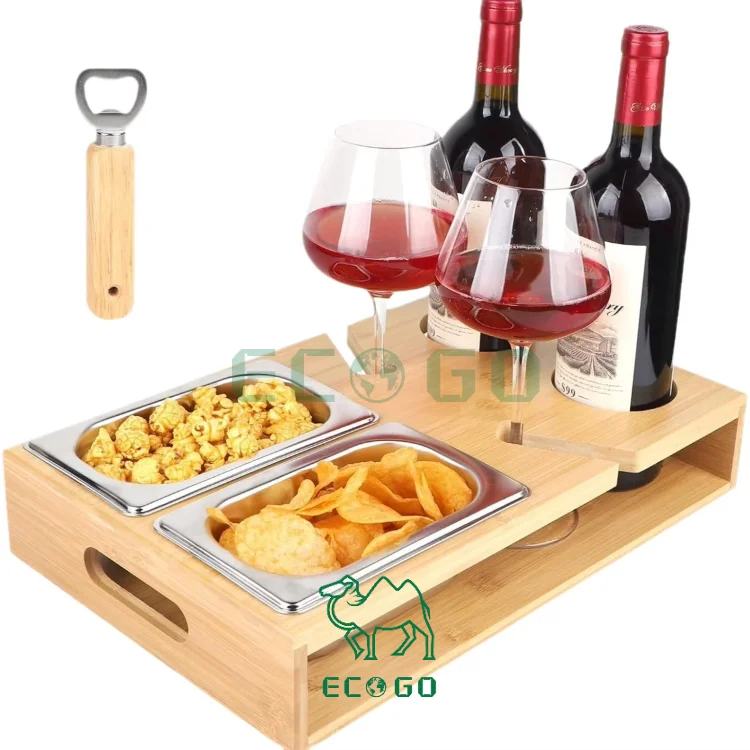 Bamboo Couch Snack Caddy With 2 Wine Glass Holder Couch Bar Snack Box for Sofa Bed Food Box Snack Couch Tray Kit