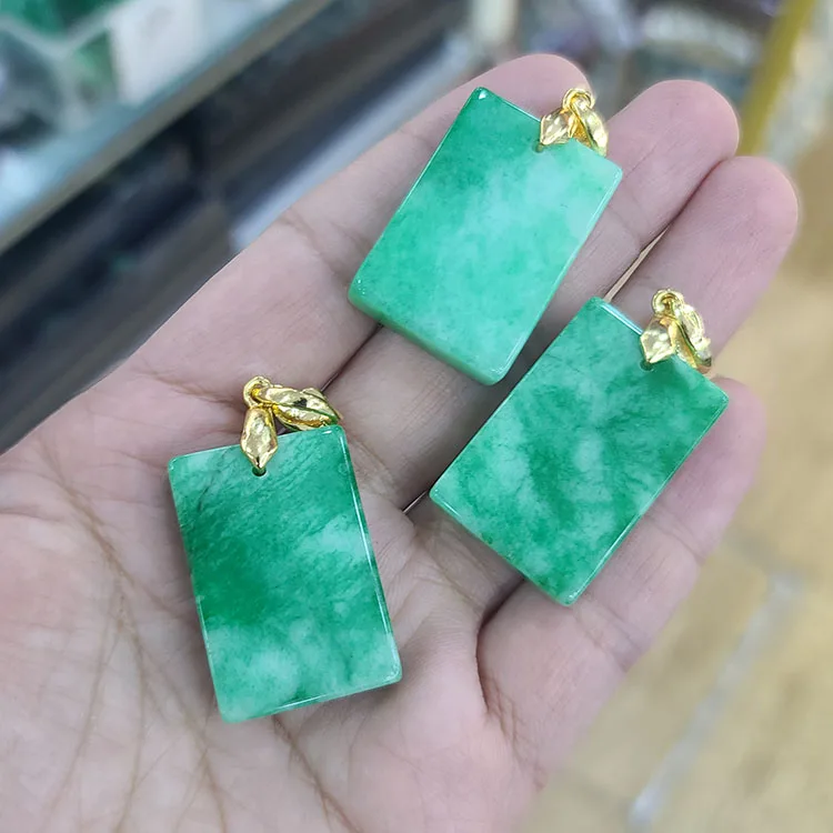 JF7356 18k Gold Plated CZ Pave Natural Genuine Green Jade Jadeite Stone Rectangle Dog Tags