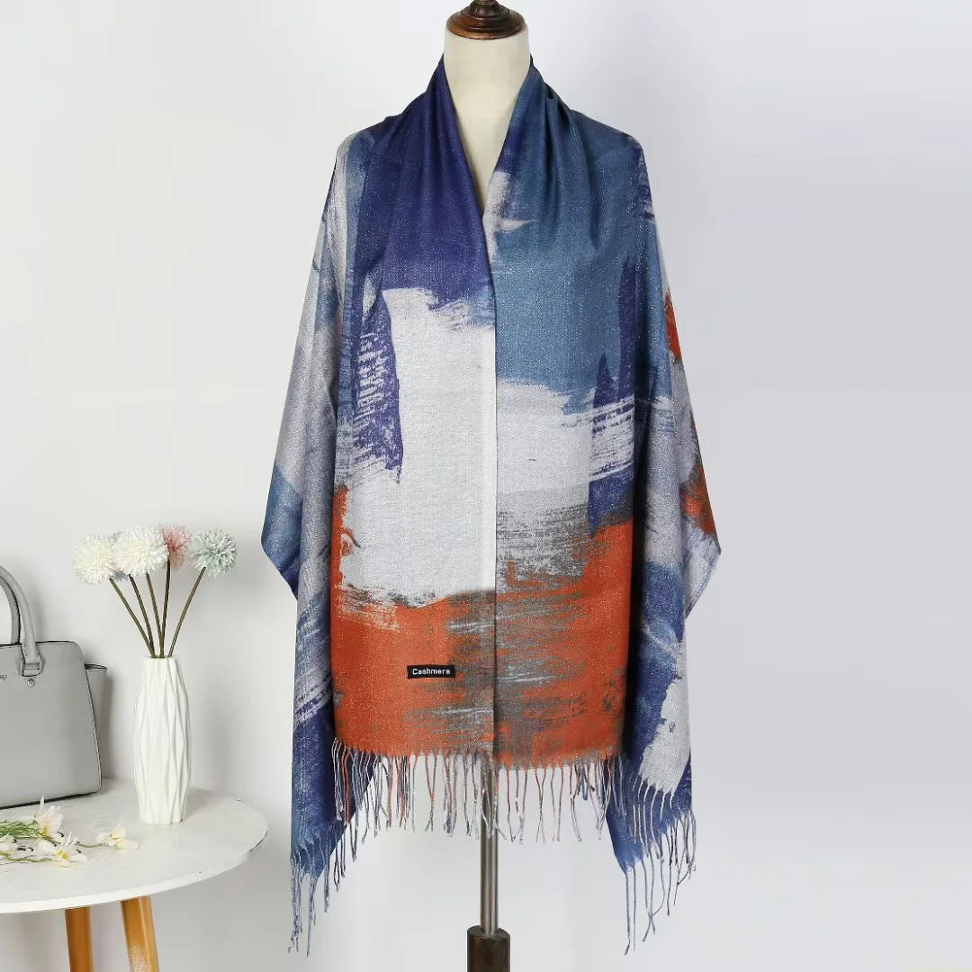 Factory directly sale wholesale warm  100% cashmere print scarf shawl with golden thread
