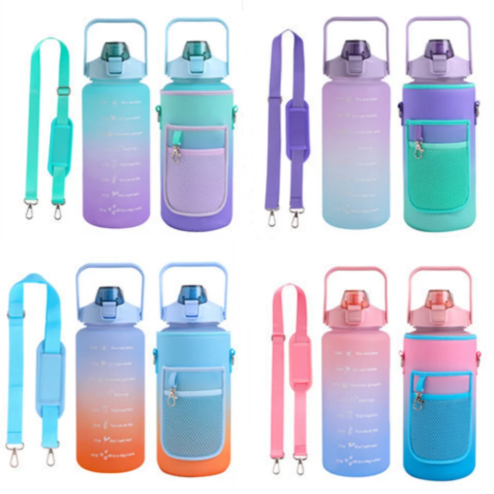 64oz/2000ml Leakproof Motivational Women Men Water Jug With Reusable Insulated Neoprene Holder Pouch Carrier Bag