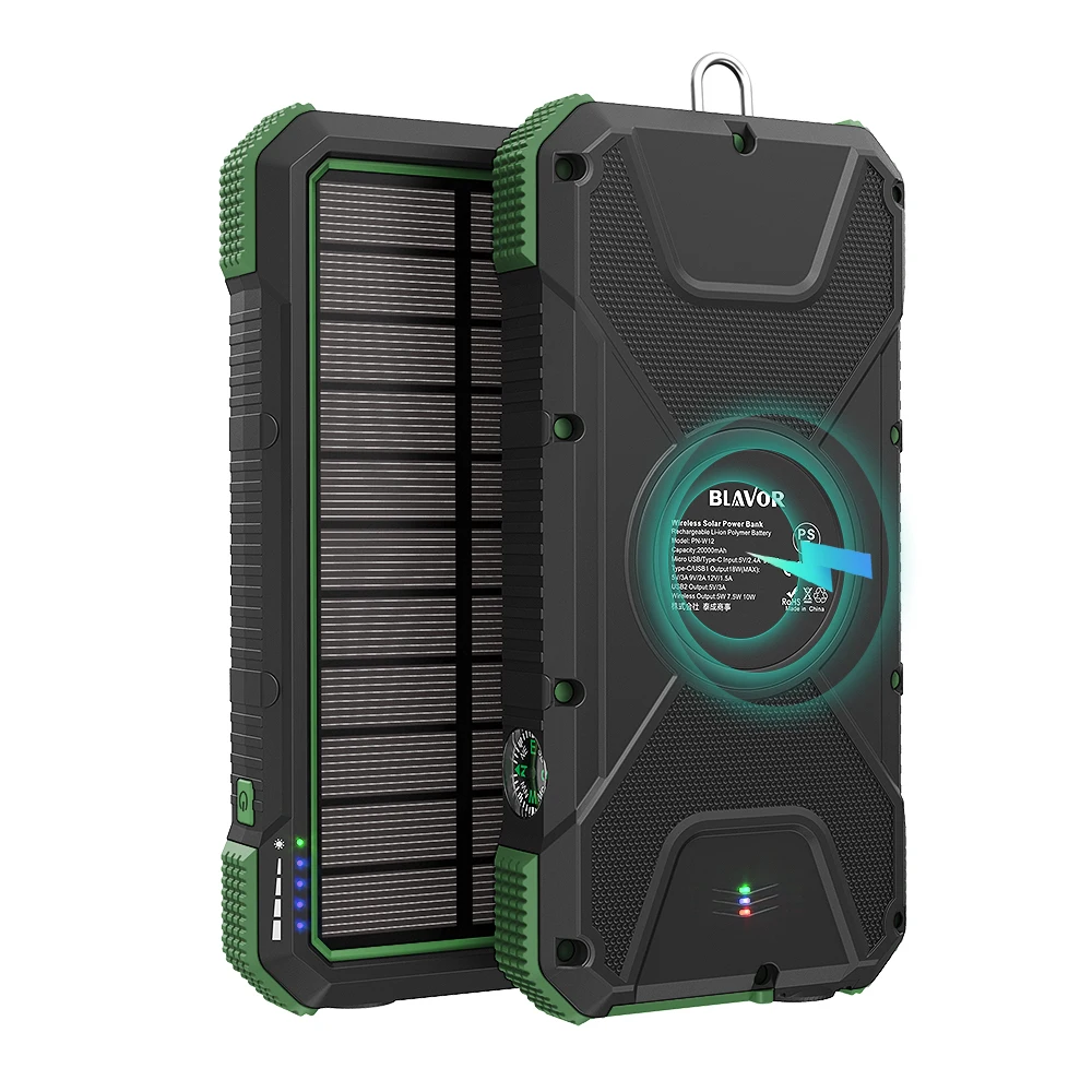 Новинка, Лидер продаж, зарядное устройство на солнечной батарее PD18W QC 3,0, портативное беспроводное зарядное устройство для быстрой зарядки, водонепроницаемое зарядное устройство с фонариком и компасом, внешний аккумулятор на 20000 мАч