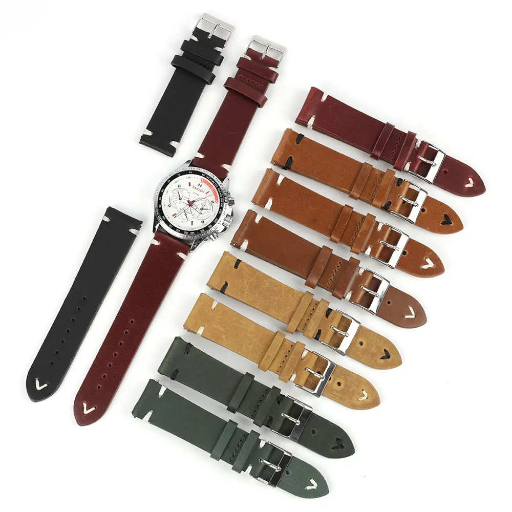 Retro Genuine Leather Strap Oil Wax Oily Discoloration Cowhide Leather Watchband 18 20 22 24mm High Quality Business Watch Band
