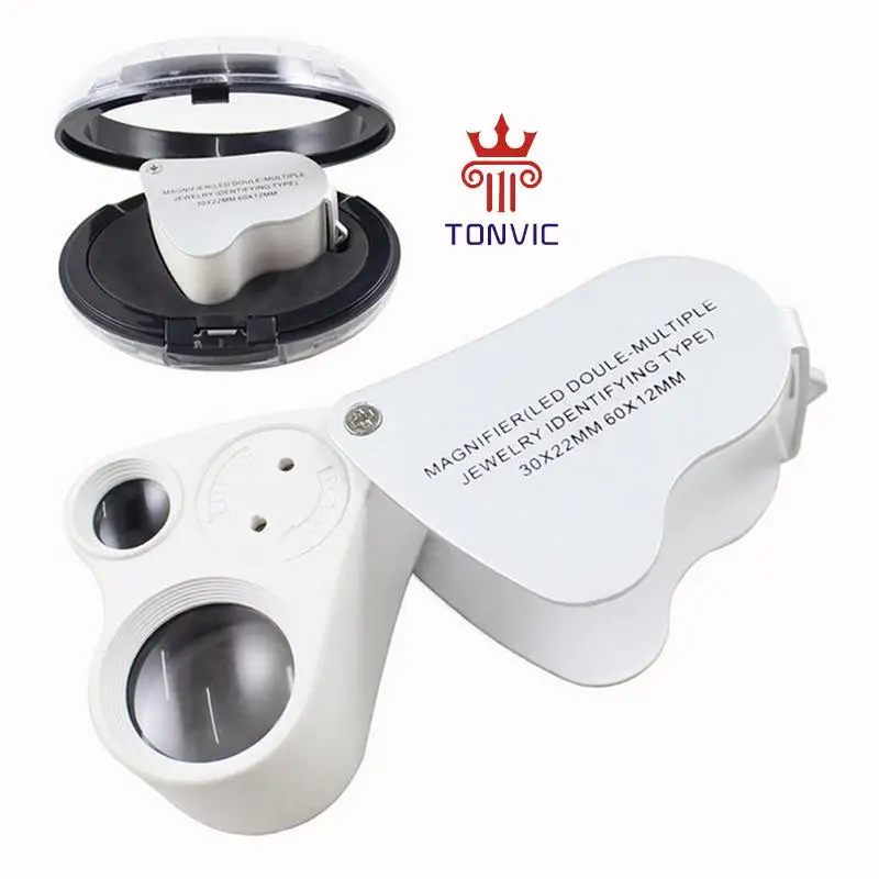 wholesalers 30x 60x Dual Lens Jewelers Eye Loupe NO.9889 2 LED Light Illuminated magnifying glass loupes for  jewelry