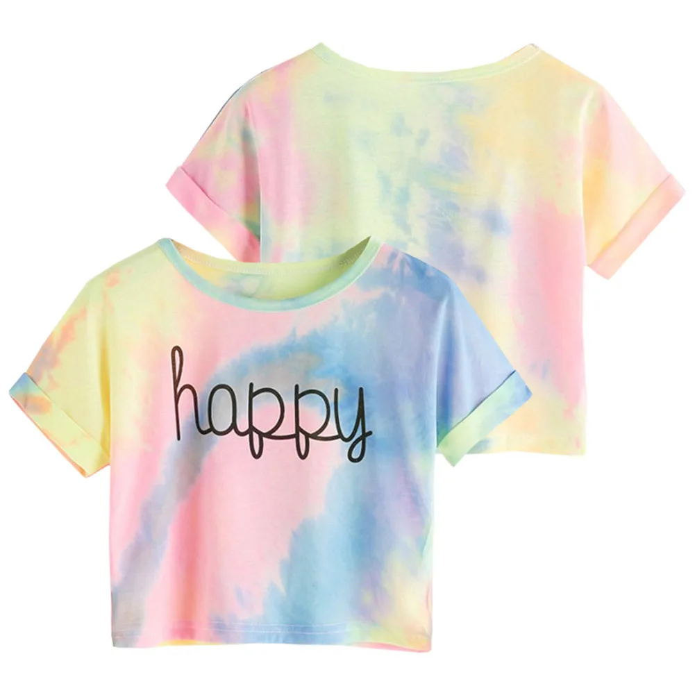 OEM New Arrival Wholesale Long Sleeve Tie Dye  Graphic Crop Top T Shirt Women