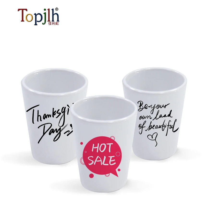 Topjlh high quality Custom dye Sublimation Coating Decal Printed 1.5oz Ceramic White Blank Shot Glasses for liquor