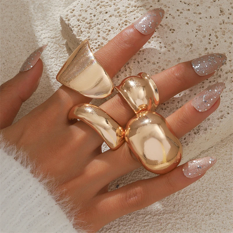 Fashion Punk Jewelry Exaggerated 18k Gold Plated Ring Set Big Thick Chunky Jewelry Rings for Women