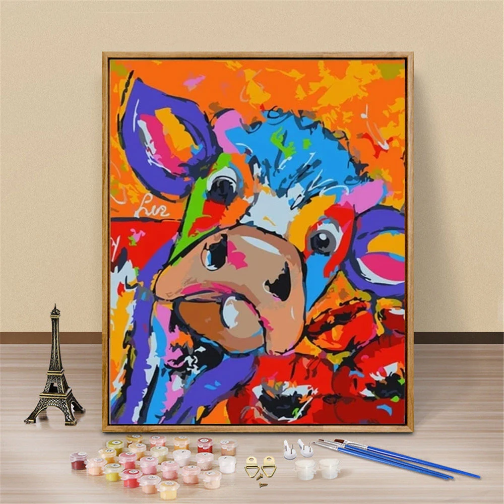 Home Decor Diy Colorful Cow Oil Painting Canvas  Kids Hand Painted Acrylic Number Picture  custom paint kit  by number canvas (1600407552024)