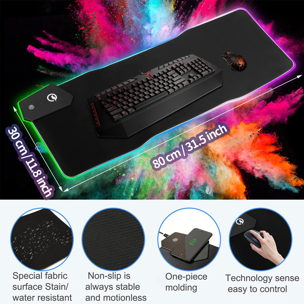 Игровой компьютерный коврик для мыши большой со светодиодной подсветкой RGB и беспроводным зарядным устройством стандарт