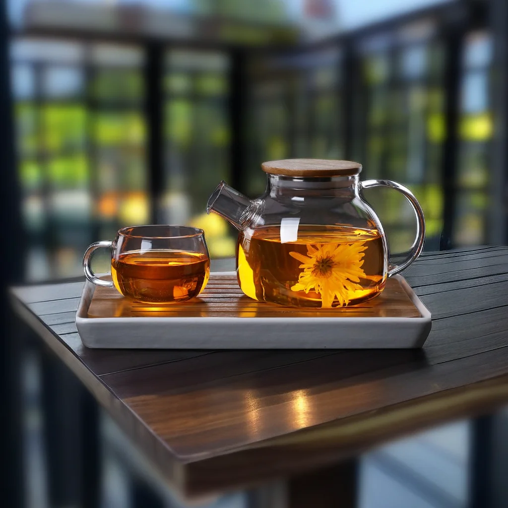 Hand-Blown coffee teapot bamboo lid spring infuser eco-friendly hot water 1L High Borosilicate Glass Teapot With Infuser