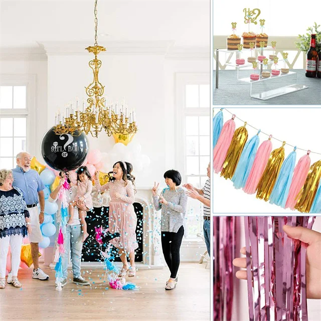 Baby Gender Reveal Decorations kit with 36' Gender Reveal Balloon Banner Cake Toppers Fringe Curtains Baby Shower Supplies