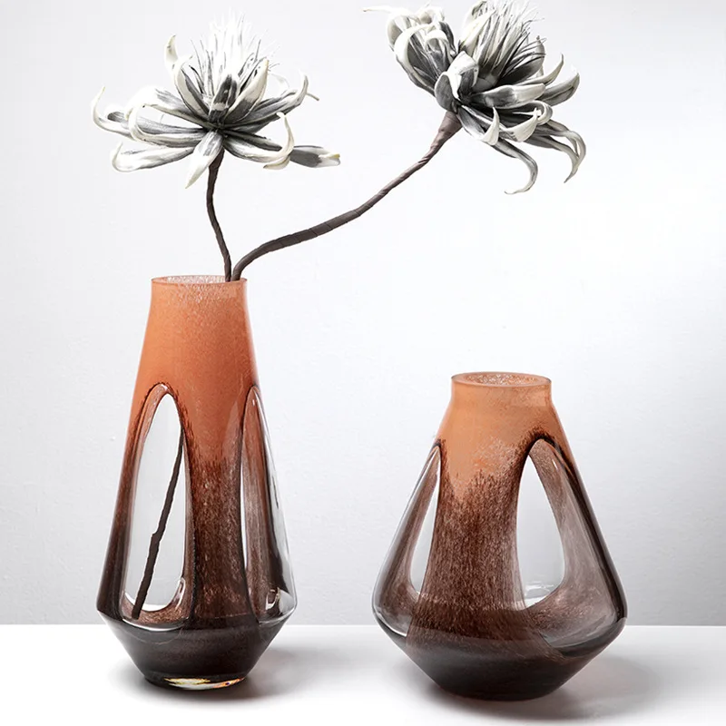 Double color art ornaments transparent amber glass vase ornaments home model room desktop flower arrangement heavy flower vase