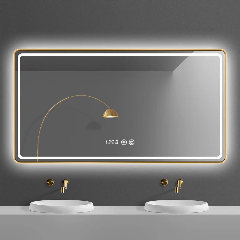  Bathroom wall metal frame LED gold mirror Hotel toilet makeup Black smart