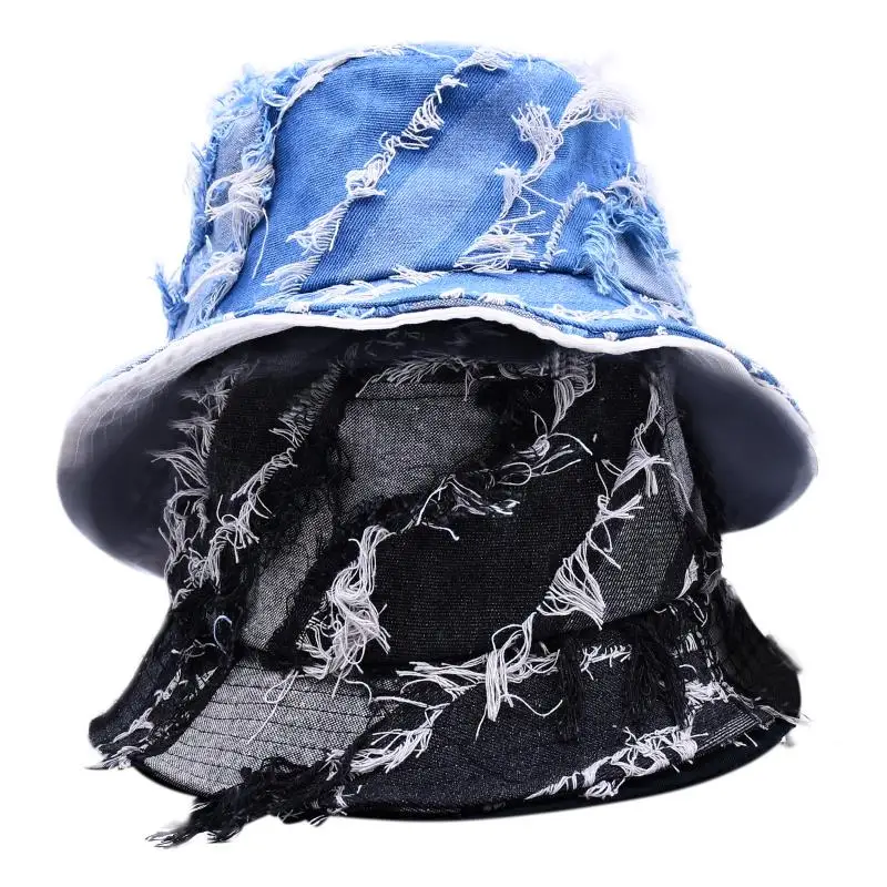 Factory Custom Distressed Washed Denim Plain Blue Bucket Hats Wholesale Black Tassel Raw Edge Bucket Hats